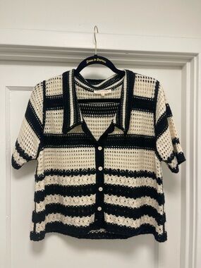 Black and Cream Crochet Button-Up Cardigan